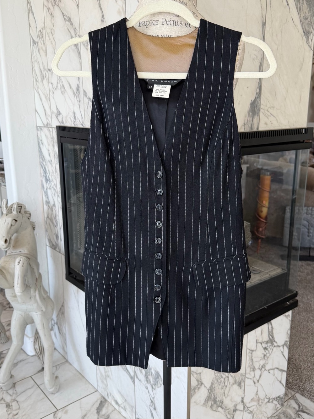 Tina Hagen Black Pinstripe Button-Front Vest Dress